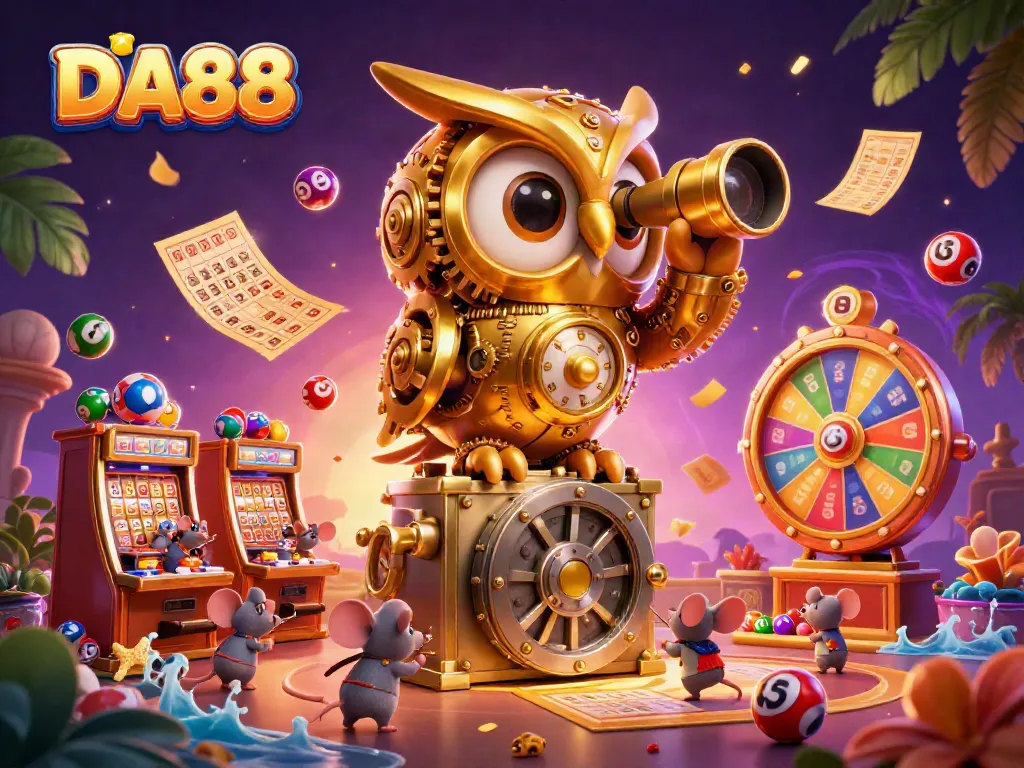 Experience the thrill of DA88 with a whimsical scene of an animated casino filled with vibrant characters and game elements.