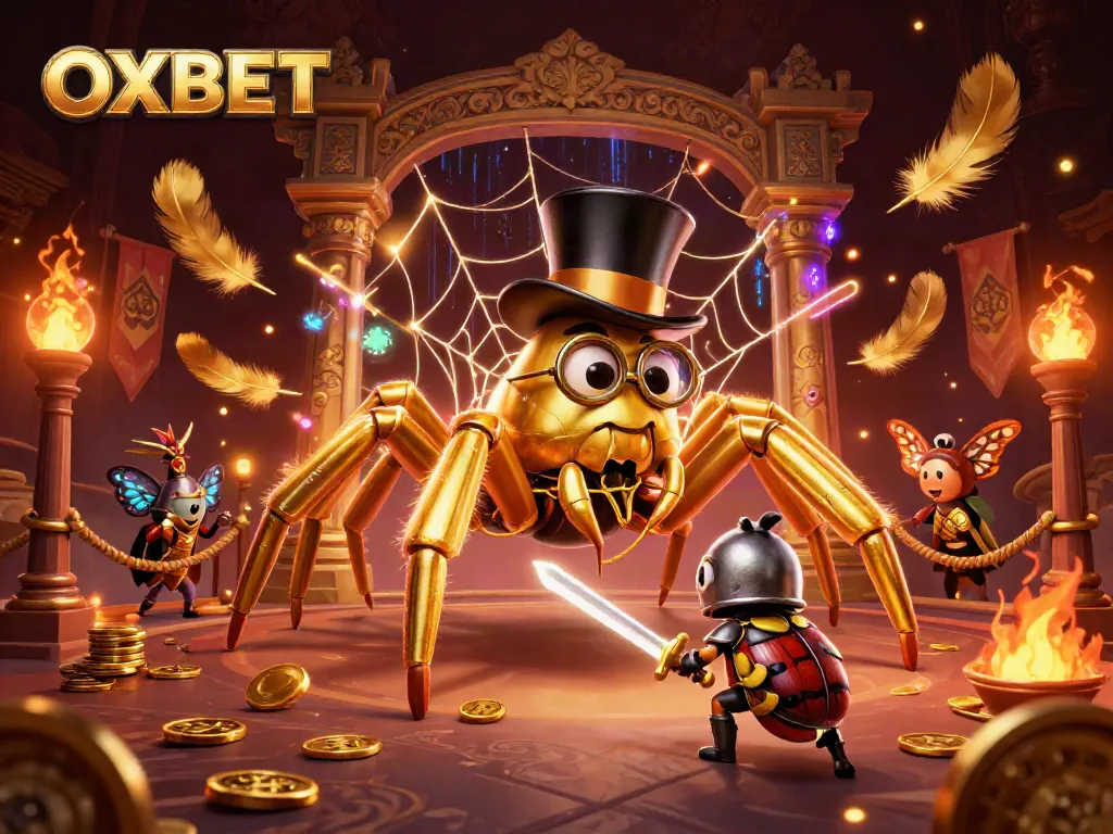 Bet on OXBET with a 3D giant tarantula weaving golden threads in a vibrant casino scene.