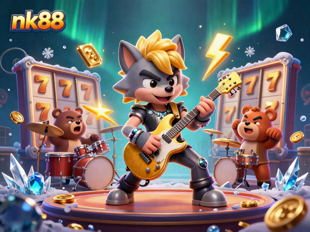 Join the excitement at nk88 with a dynamic casino party featuring a rock star wolf and thrilling slot games.