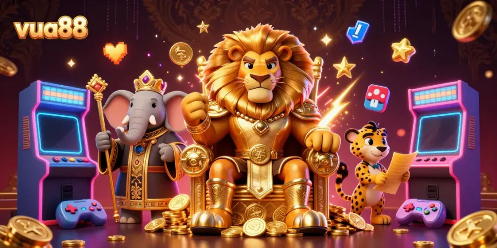 Experience thrilling gameplay at vua88, featuring a lion king and elephant advisor in a vibrant casino scene.