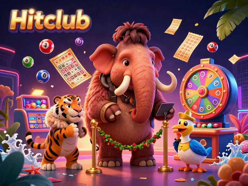 Hitclub's vibrant casino entry scene showcasing high-energy characters and dynamic game elements.