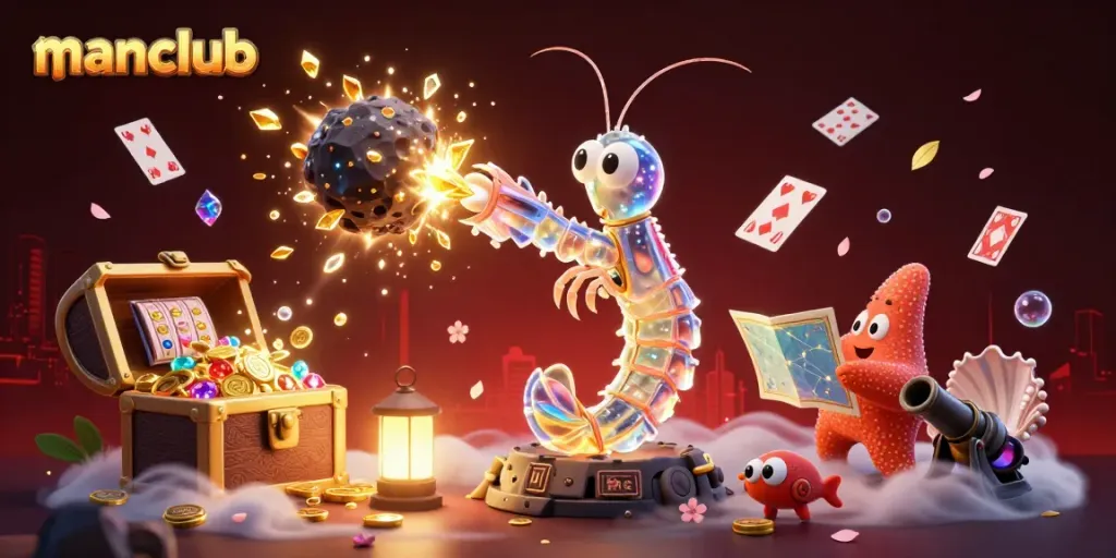 Join manclub as the galactic samurai shrimp wins jackpots with floating slot reels and shimmering treasures!