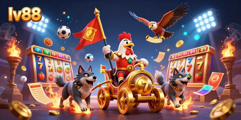 Experience lv88 with a dynamic golden war chariot scene filled with slots and casino elements.