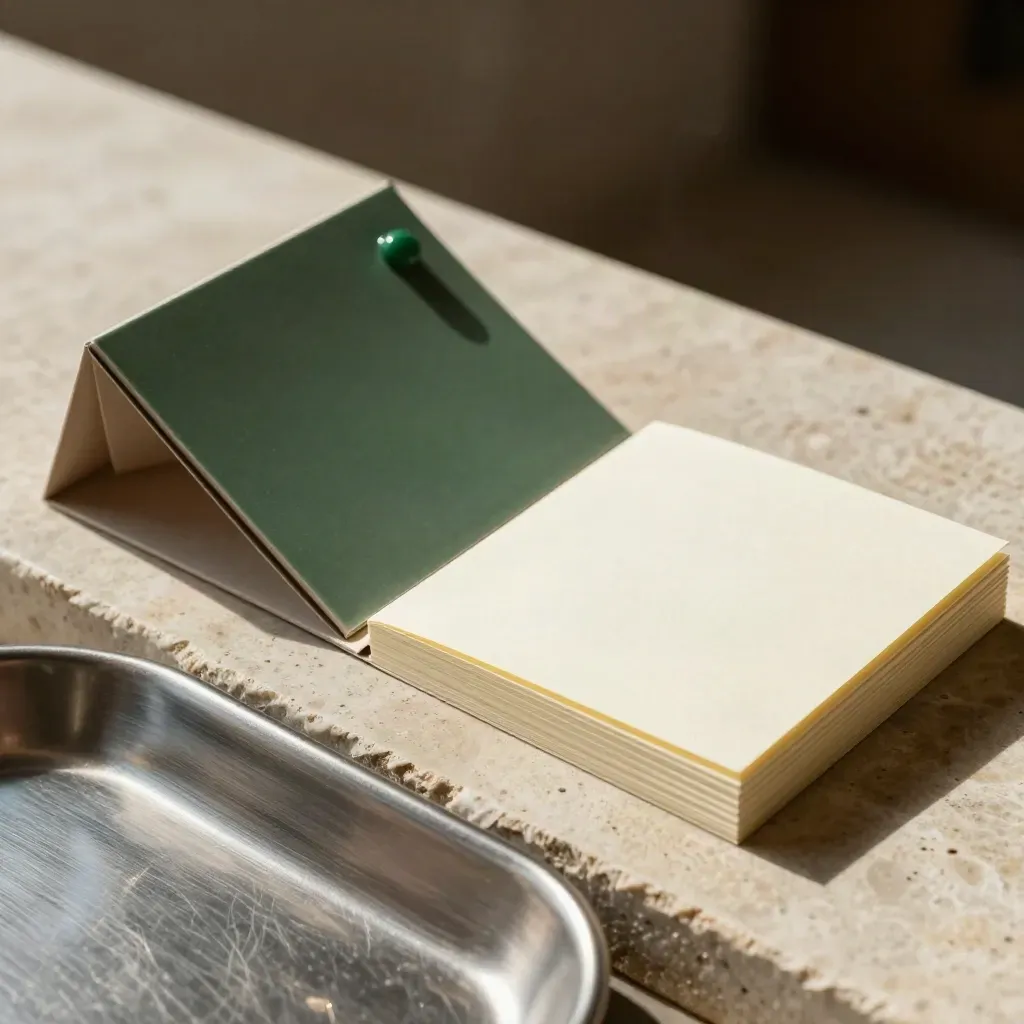 Macro of a local SEO setup bundle on stone with tray, cards, and green map-pin tile