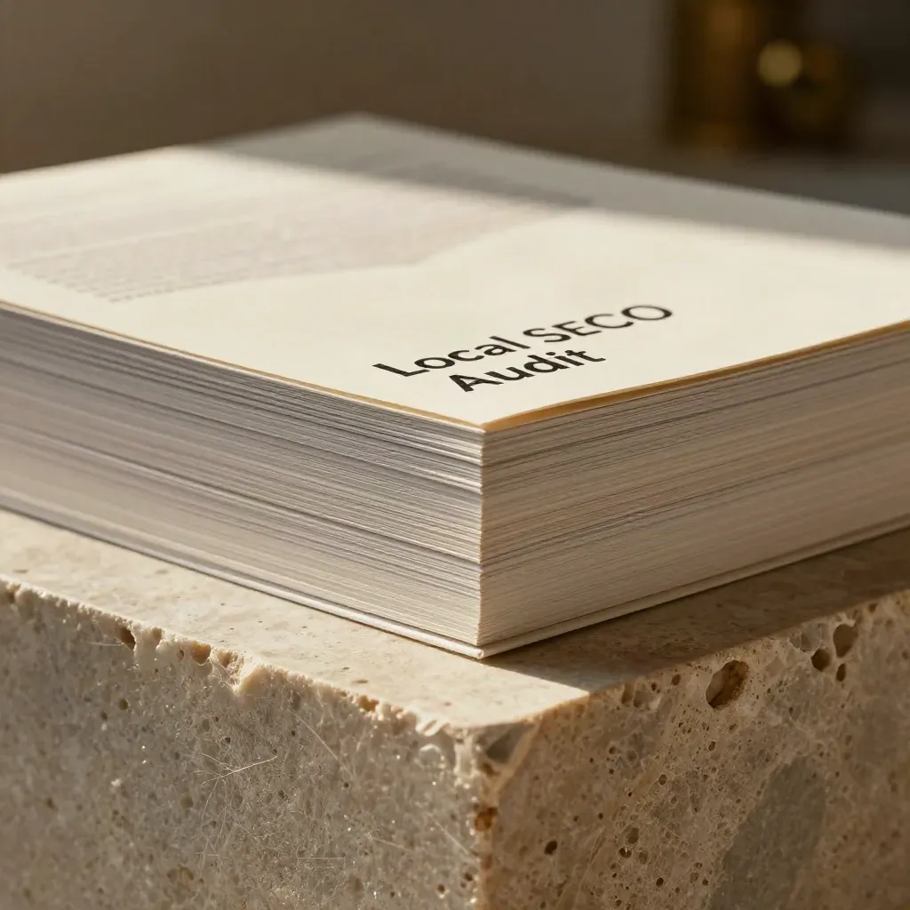 Audit report bundle on limestone with stone weight, dust in warm raking light.