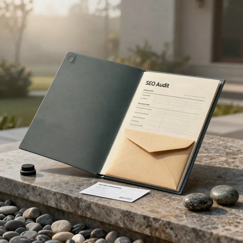 Matte audit folder, checklist, envelope and call puck on rain-damp stone with misty dawn light.