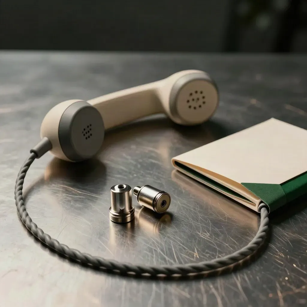 Call-tracking kit on brushed steel with curled cable and forest-green accent