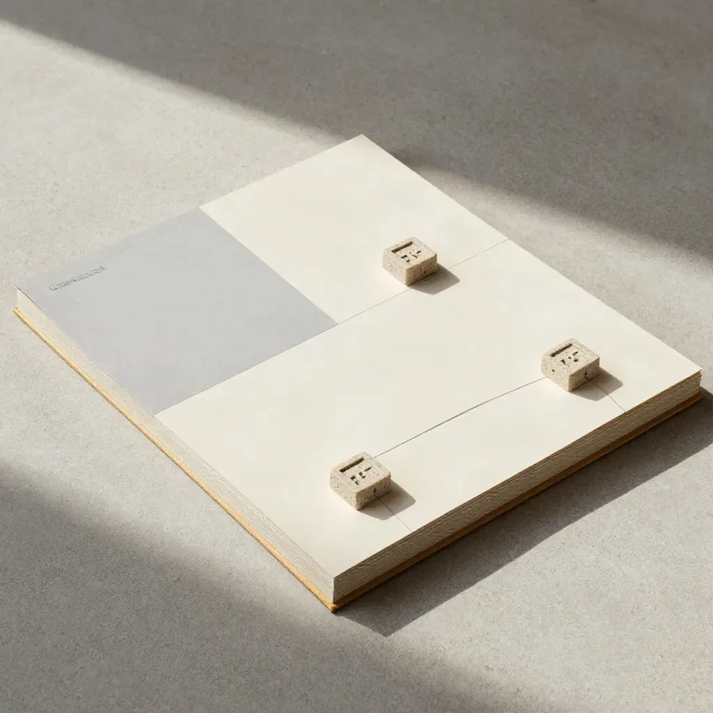 Overhead flatlay of service-area page panels, route strip and travertine markers on pale concrete.