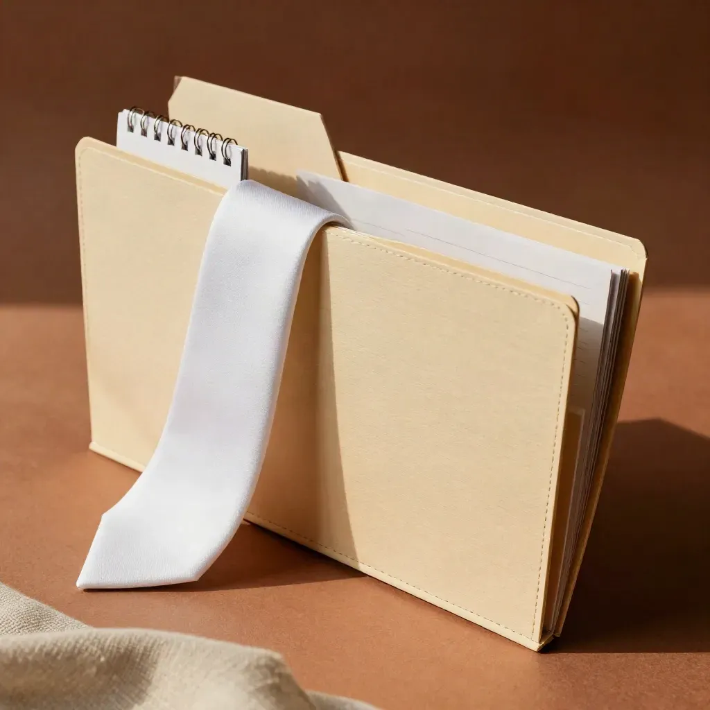 Macro of a lead support bundle with cloth tie and ring-bound card on terracotta plaster.