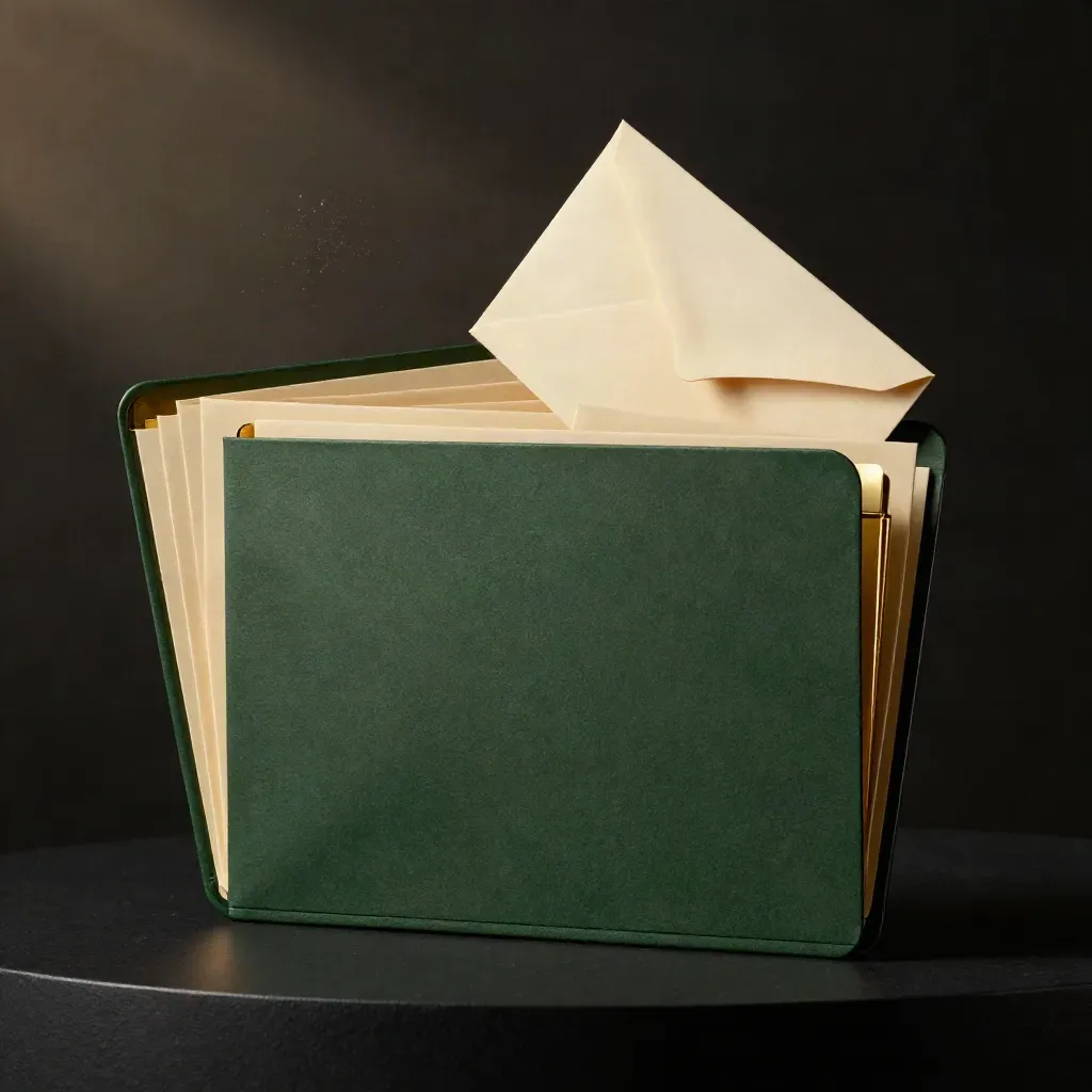 Green folders, brass clips, cream inserts and a sealed envelope fan on a dark plinth