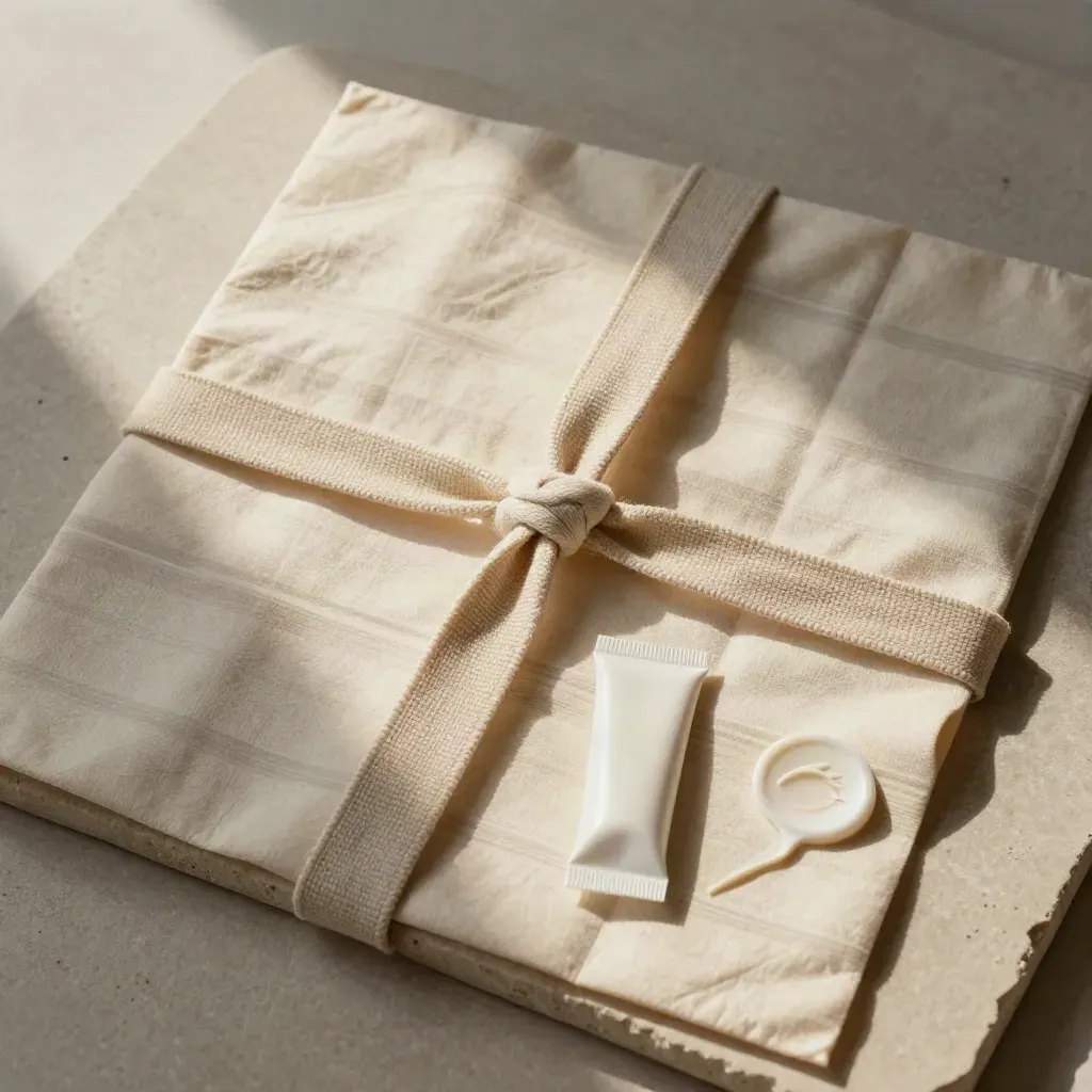 Top-down flatlay of a cream SEO care bundle with folded weekly panels and a cloth tie on stone.