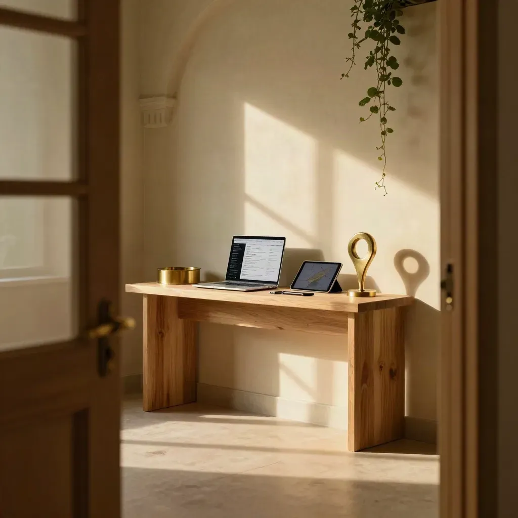 Heritage studio corner with laptop, phone and brass lamp beneath a plaster arch