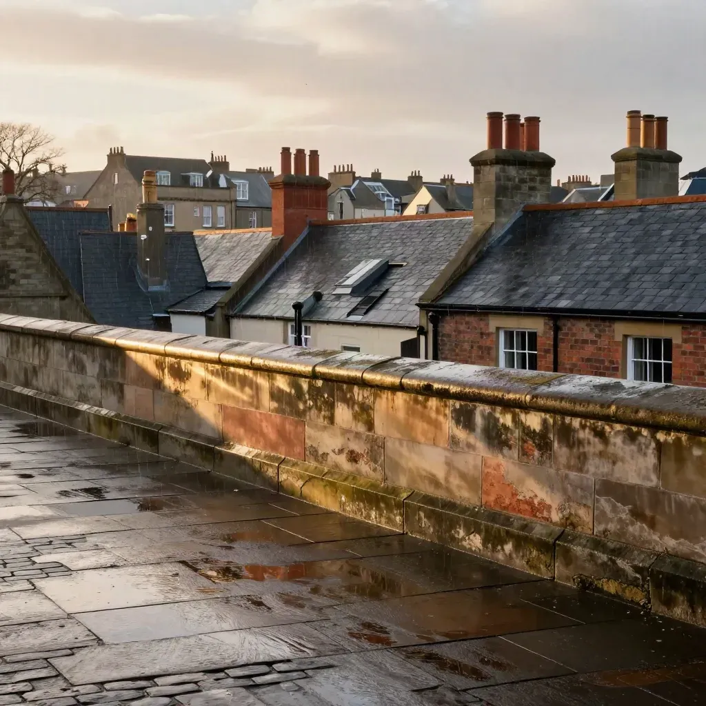 Gold-lit UK terrace over wet cobbles and rooftops after rain, with calm copy space below.
