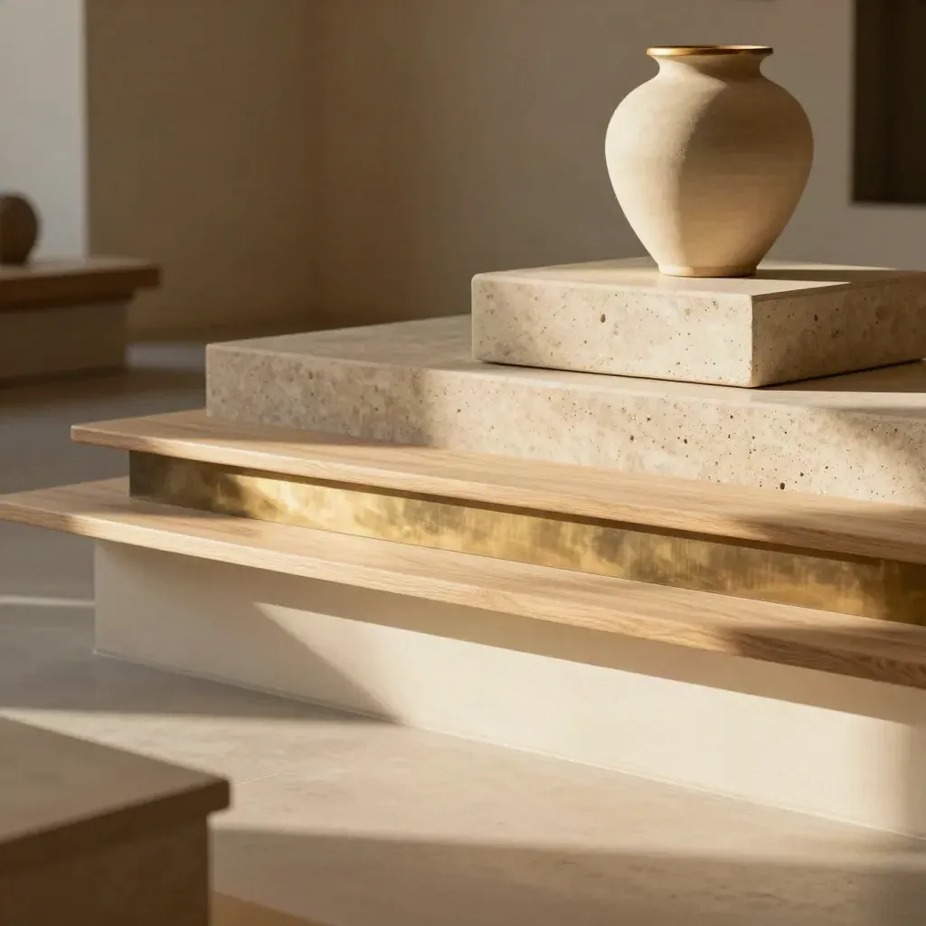 Quiet gallery-like room with pale timber benches, stacked stone and a blurred vessel in cool morning light