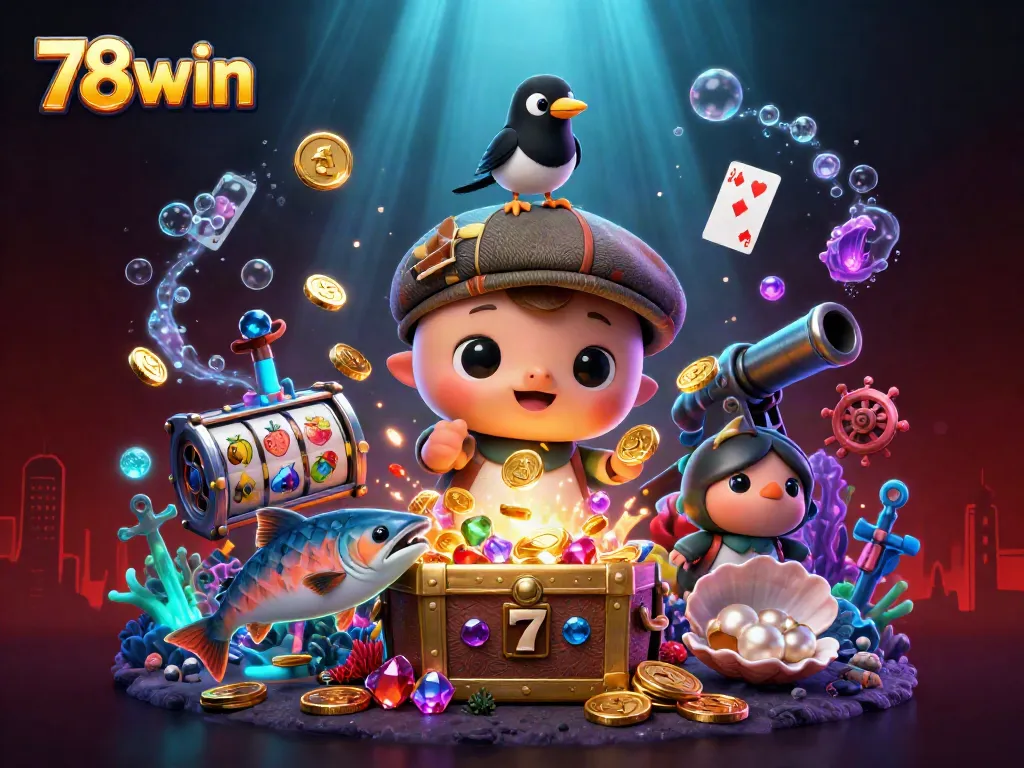 Play slots and win big with 78win in this vibrant 3D illustration featuring fun casino elements.