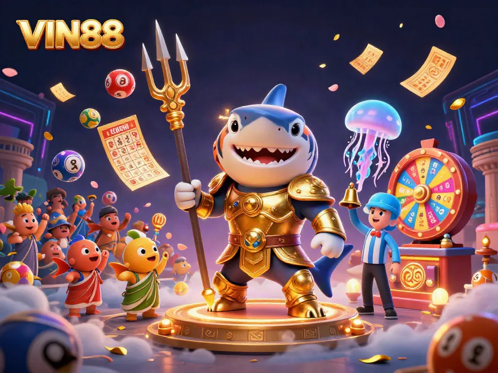 Experience the excitement of VIN88 with dynamic lottery balls and a fierce shark gladiator.