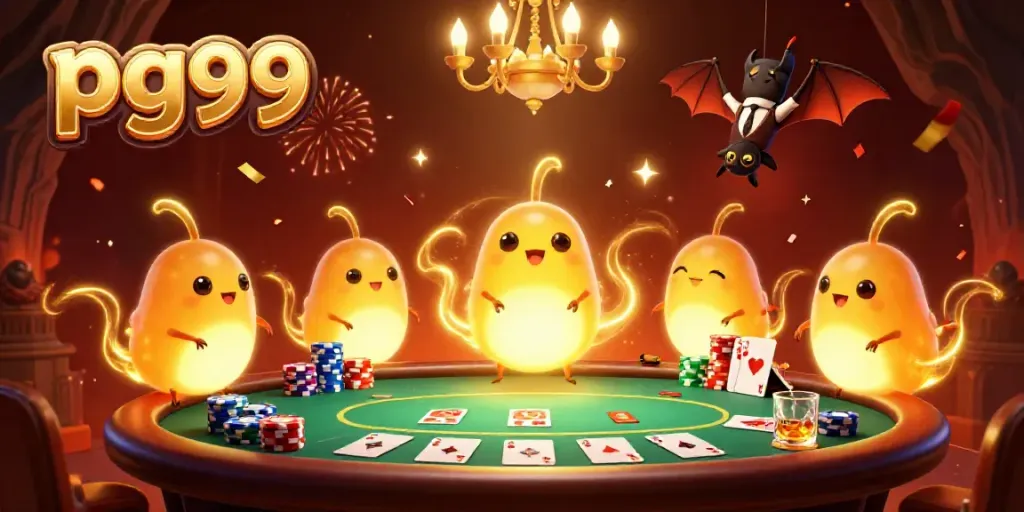 Experience the vibrant pg99 casino scene with glowworms illuminating a lively poker game.