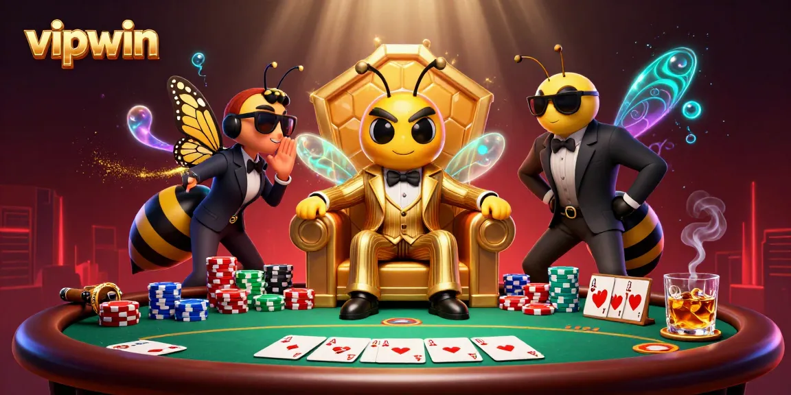 Experience thrilling poker action at vipwin with a cartoon bumblebee mob boss and dazzling casino elements.