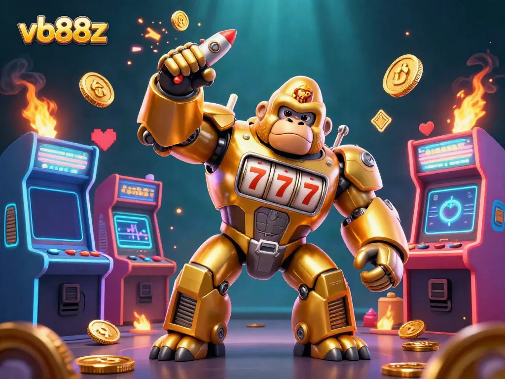 Experience excitement with vb88z as a golden gorilla mech bursts through coins in a vibrant casino scene.