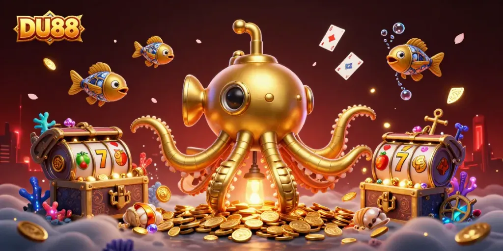 Engage with DU88's exciting casino offerings in this vibrant 3D illustration featuring a golden kraken and slot symbols.