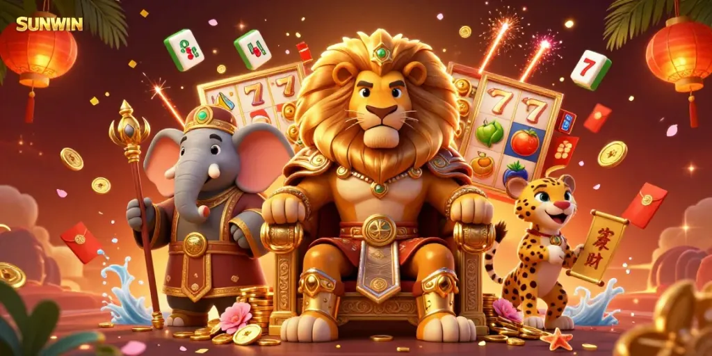 Experience the thrills of SUNWIN with a vibrant illustration featuring a lion king and classic casino elements.