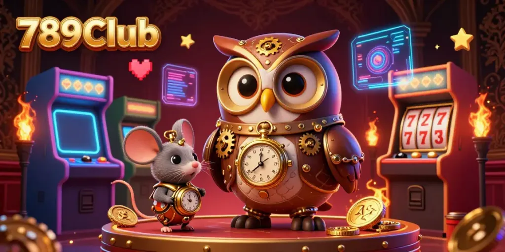 Immerse in 789Club's vibrant digital casino scene featuring a time-traveler owl with game elements.
