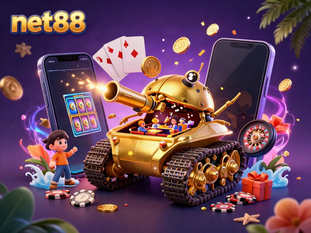 Experience excitement at net88 with this vibrant casino-themed 3D illustration full of action and rewards.