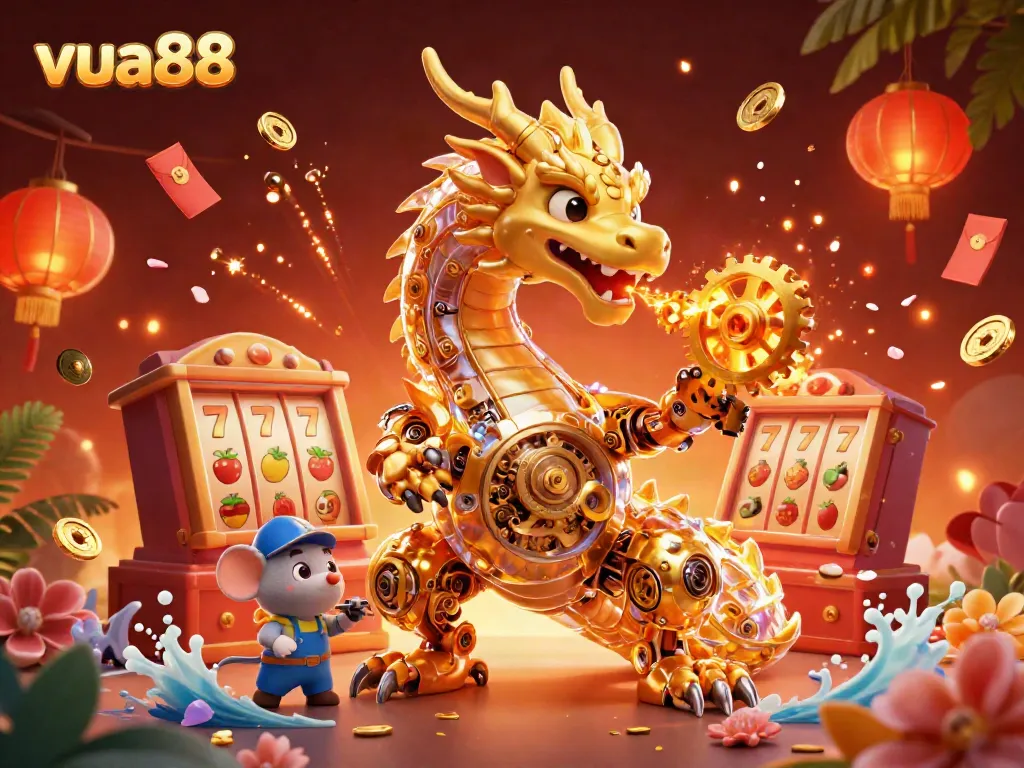 Experience the thrill of slots with vua88 featuring a golden biomechanical dragon illustration and vibrant casino elements.