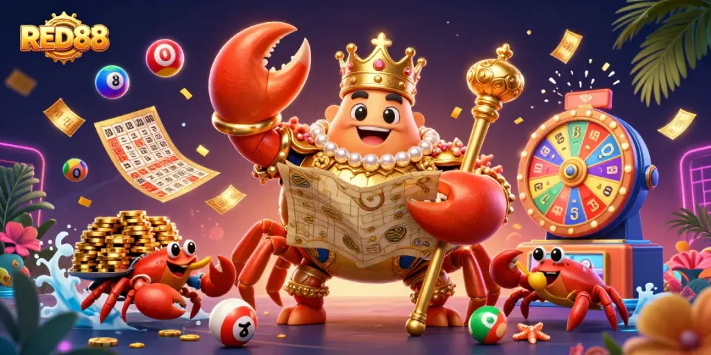 Play thrilling games at RED88 with vibrant lottery elements surrounding a majestic crab emperor.