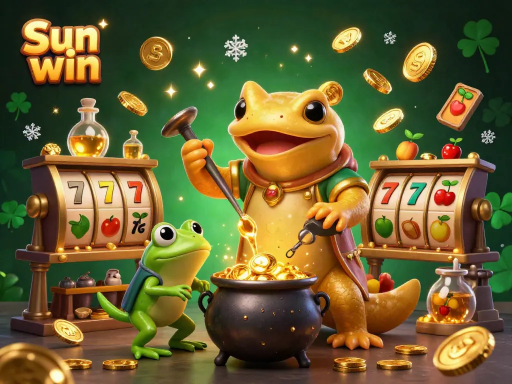 Experience thrilling gameplay with Sun win, featuring a golden salamander alchemist creating wealth in a vibrant casino atmosphere.