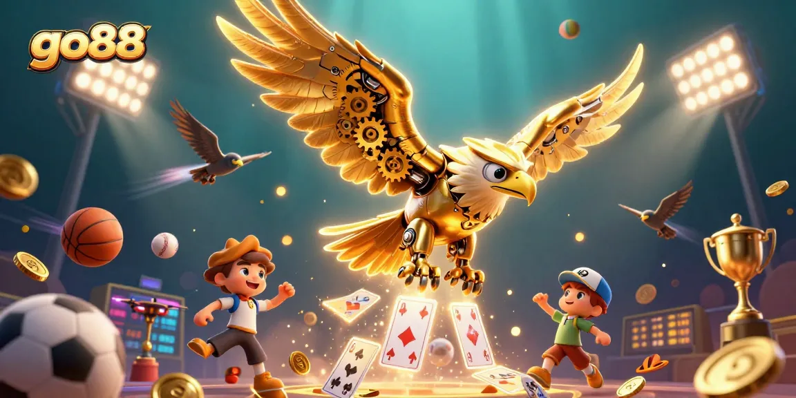 Go88 showcases a cybernetic eagle soaring through a lively casino scene filled with sports excitement.