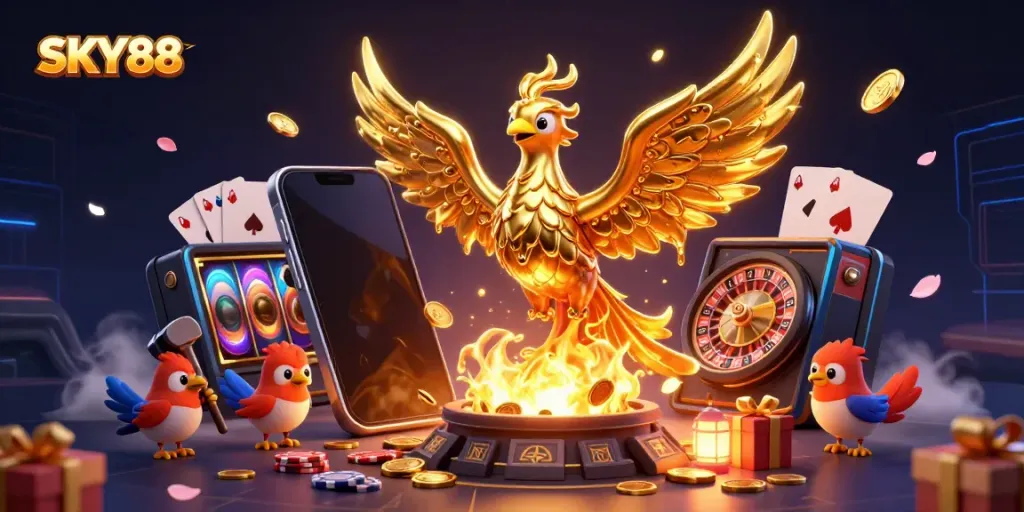 SKY88's golden phoenix signifying fortune amidst an energetic casino landscape with dynamic games.