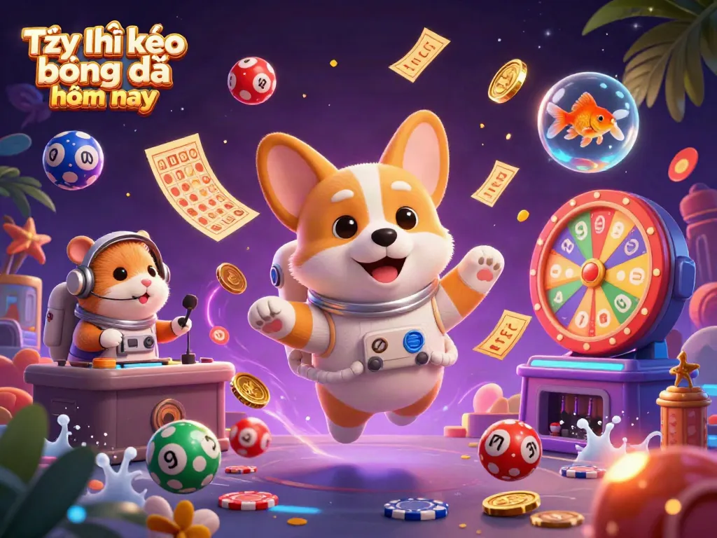 Tỷ lệ kèo bóng đá hôm nay showcased in an engaging 3D casino space scene filled with dynamic elements and characters.