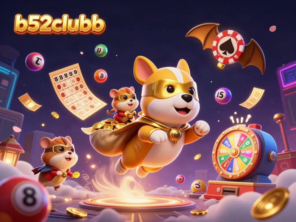 Join the b52clubb adventure with a superhero dog and hamster amidst vibrant gaming elements.