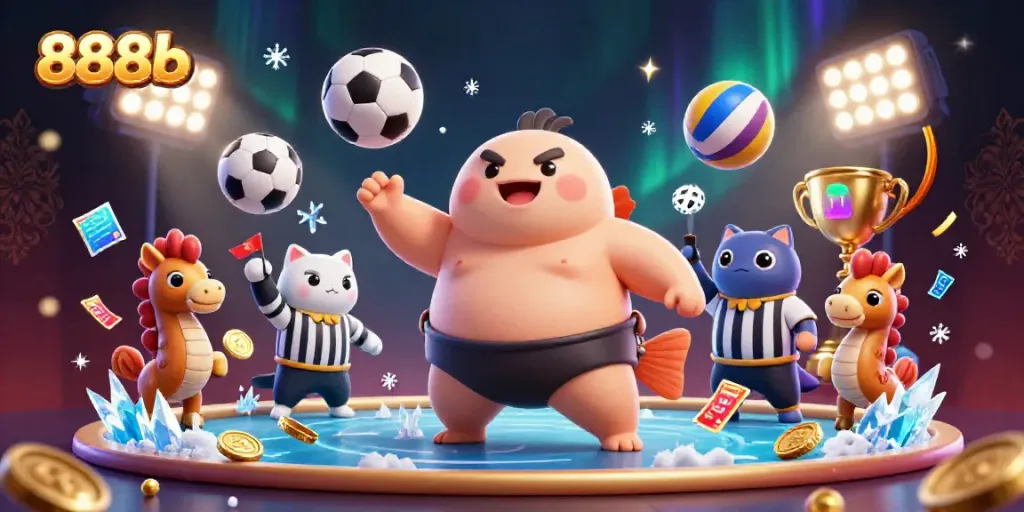 Engage with 888b's dynamic underwater casino scene featuring a fugu and catfish referee.