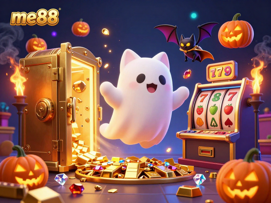 Experience thrilling casino action with me88's ghost cat and vampire bat in this enchanting 3D illustration.