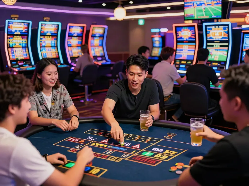 Exciting casino scene at http://tx88-onl.net/ showing diverse players betting enthusiastically amidst colorful lights and screens.