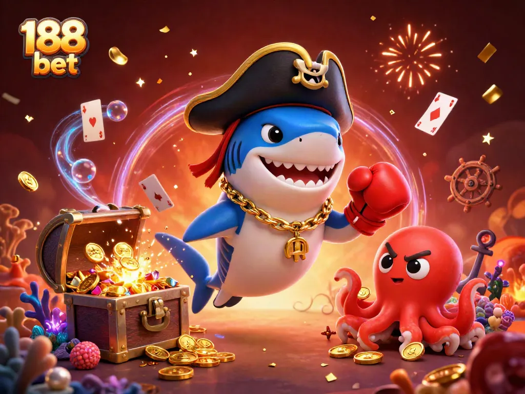 Engage with diverse casino games at 188 bet amidst vibrant characters and 3D treasure.
