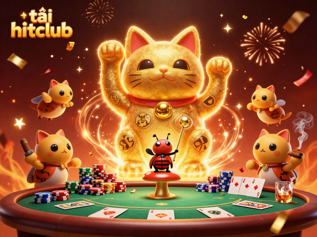 Tải hitclub showcases animated 3D lucky cat and fireflies in a casino atmosphere, illustrating vibrant poker elements.