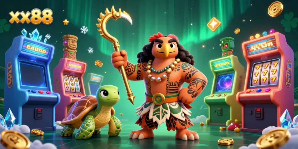 Experience an exciting game scene with xx88’s vibrant characters and slot elements all around.