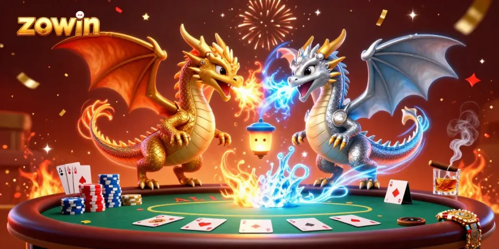 Experience dynamic gaming action at zowin with golden and silver dragons amidst vibrant poker elements.