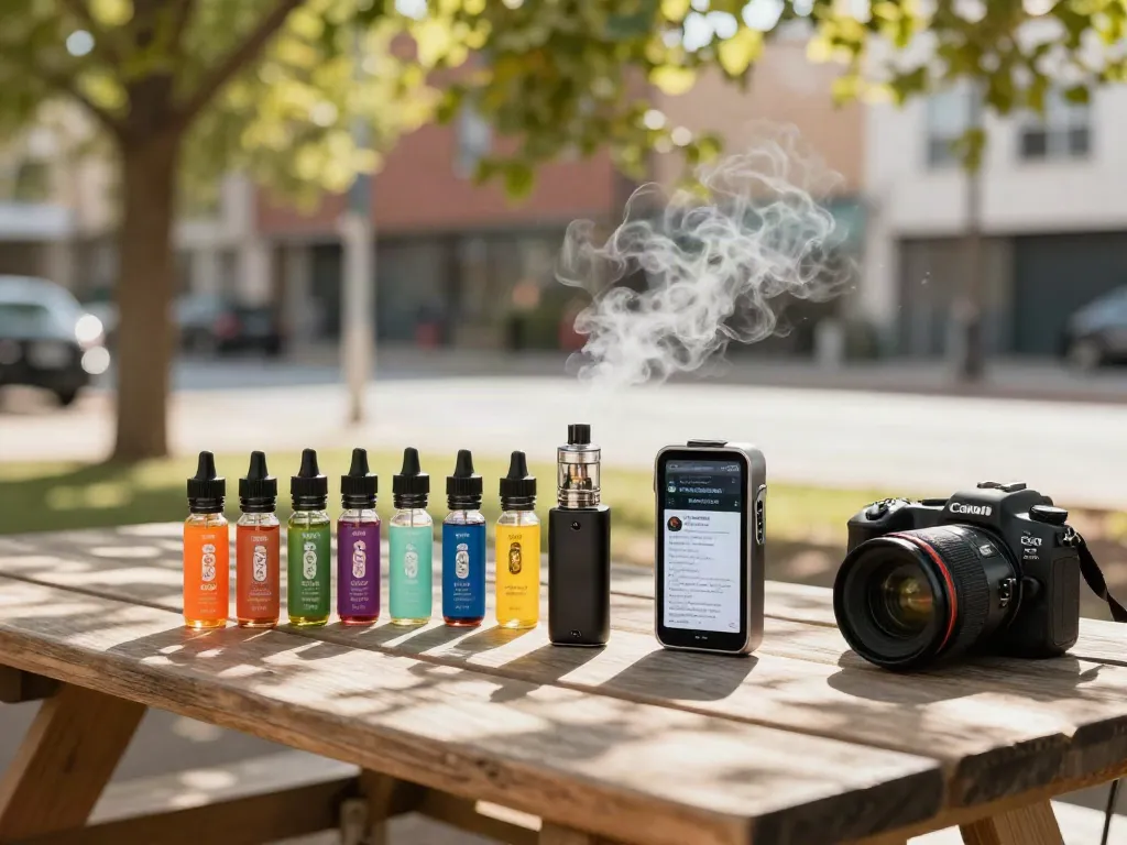 Vaping enthusiast exploring the difference between nic salts and freebase in a vibrant outdoor setting.