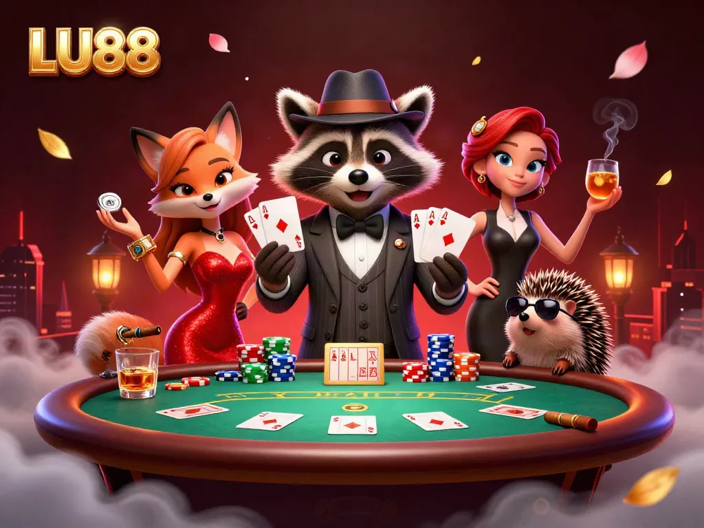 Experience the excitement with LU88, where a suave raccoon and charming fox engage in poker surrounded by colorful chips and casino ambiance.