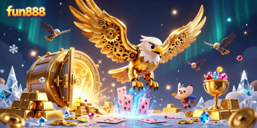 Experience exhilarating wins with fun888 in this dynamic casino scene filled with treasures and excitement.