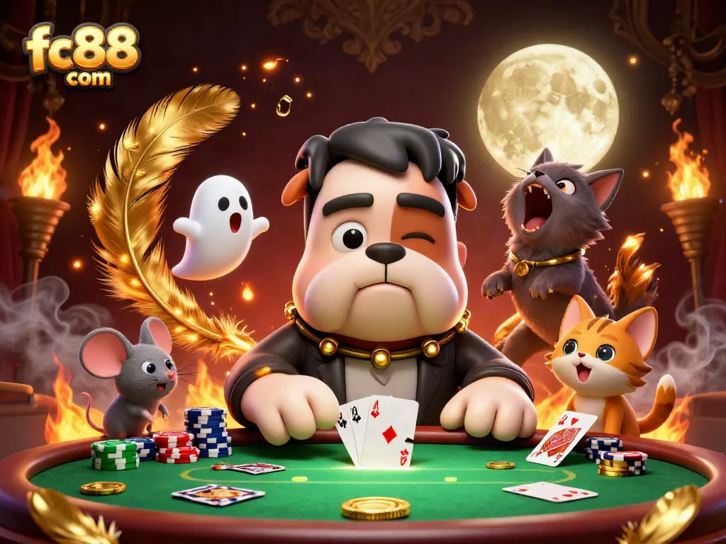 Engage in thrilling poker gameplay at fc88 com with a pirate night scene and unique characters.