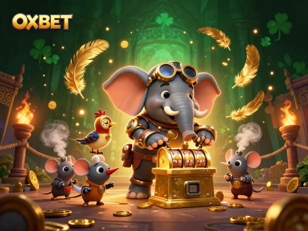 Spin the golden slot machine at OXBET with a whimsical steampunk elephant and surprises everywhere!