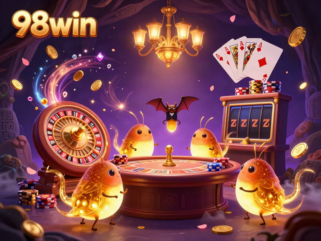 Join the fun at 98win with exciting gameplay in a vibrant cave casino, featuring glowworms and a bat dealer.