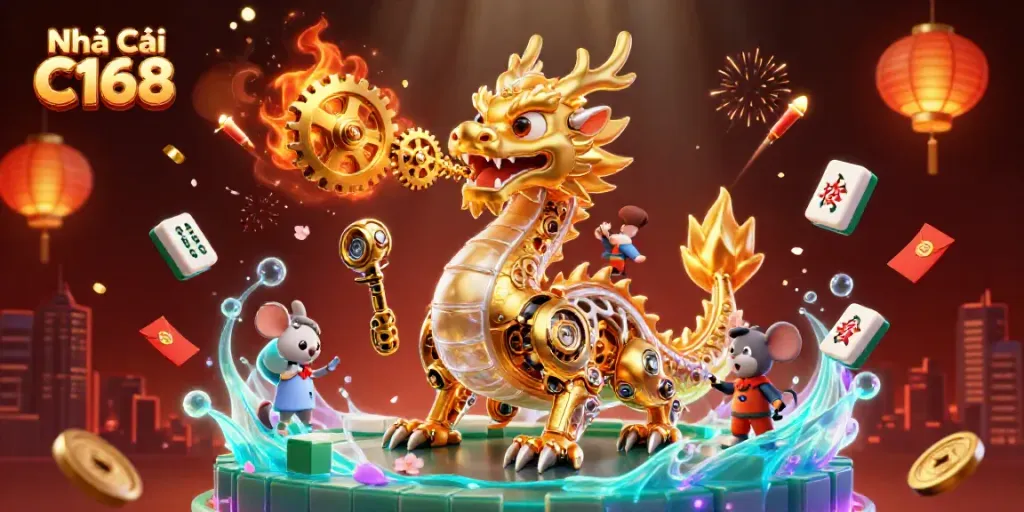 Engage players at Nhà Cái C168 with vibrant gaming elements and a dynamic 3D scene.