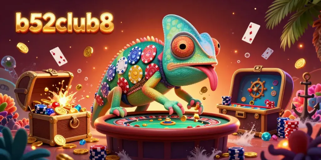 b52club8 Casino owner chameleon snaps up golden coins while surrounded by treasure and cards.