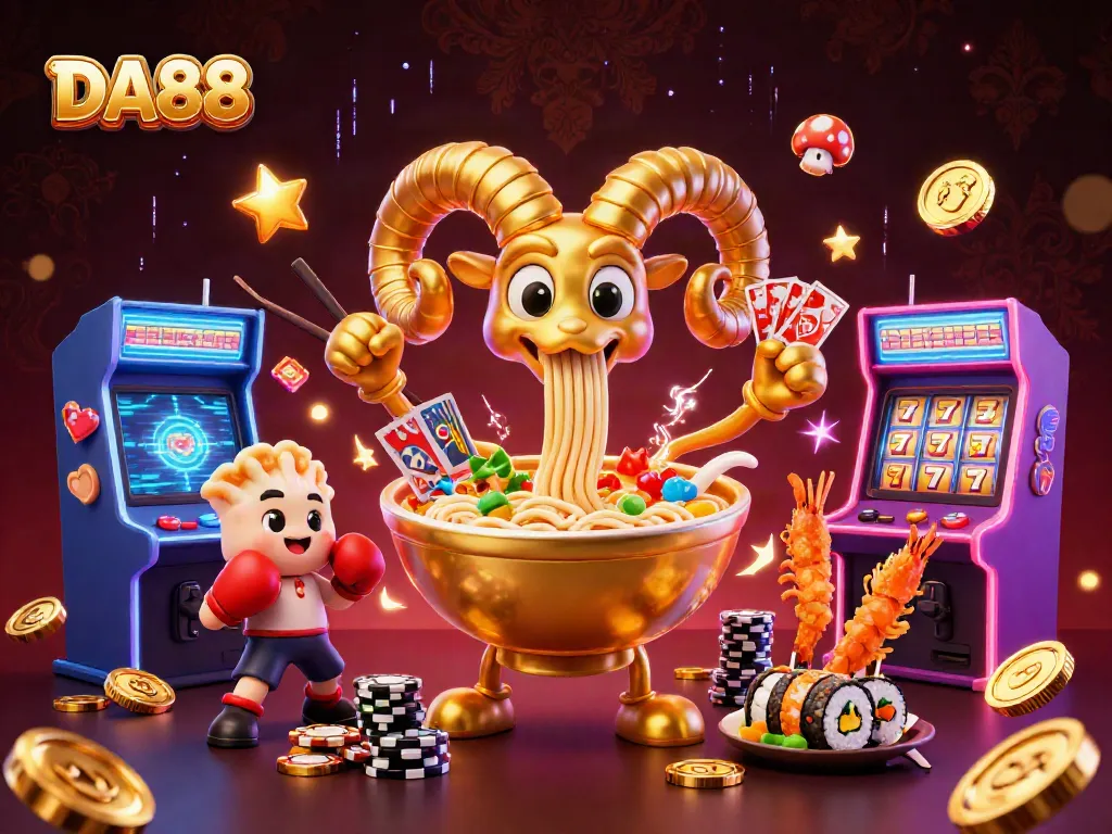 Play exciting casino games with DA88 featuring a giant ramen bowl and animated sushi characters.